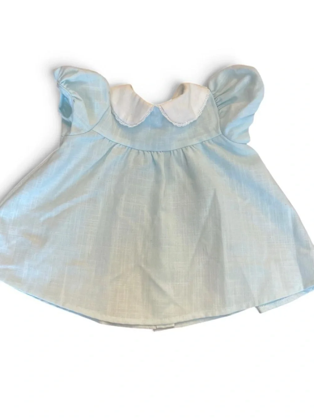 Handmade Baby blue baby dress with white lace collar and pink rose appliqués